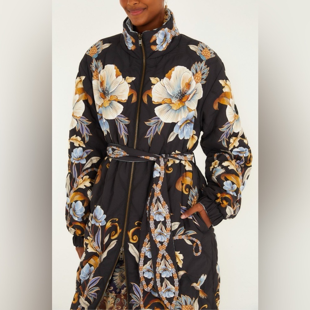 Farm Rio: Black Flowerful Snake Garden Reversible Maxi Puffer Jacket DT - Picture 1 of 14